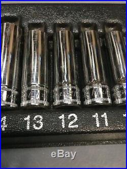 12pc Snap On Tools 3/8 Metric Deep Socket Set 212SFSMY 6pt Classic Flat Tray