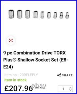 9 pc Combination Drive TORX Plus Shallow Socket Set (E8- E24)