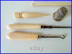 ANTIQUE 19th C UNIQUE HAND CARVED TURNED SEWING KNITTING CROCHET TOOL SET 19 P