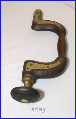 Antique 19th century primitive T H Park wood brass bone hand powered brace drill