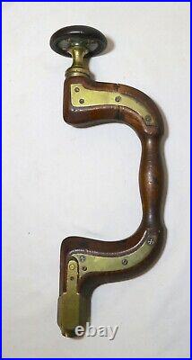 Antique 19th century primitive T H Park wood brass bone hand powered brace drill