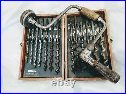 Irwin Bit Set of 13 Vintage Drill Auger Bits in Wood Case And Hand Drill