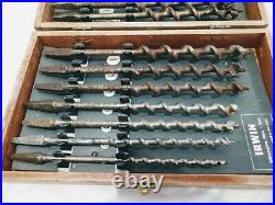 Irwin Bit Set of 13 Vintage Drill Auger Bits in Wood Case And Hand Drill