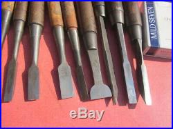 Japanese Used Chisel Nomi with Sign Set of 14 Carpentry Tool Japan Blade