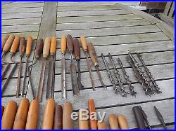 Mixed Lot Of 50 Chisels Gouges & Drill Bits Old Vintage Woodworking Tools