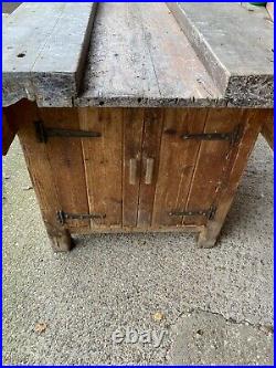 Old Heavy Wooden Carpenters Woodworkers Bench With 2 Record Vice