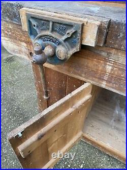 Old Heavy Wooden Carpenters Woodworkers Bench With 2 Record Vice