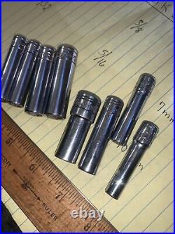 S-K Socket Lot of 8, Various Sizes 6 Point Used 1/4 & 3/8 Drive