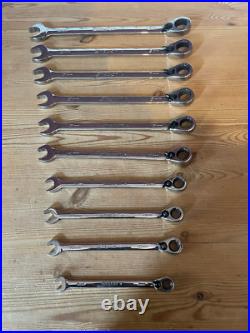 Snap-On, 10 piece, ratcheting spanner set, size 8 19mm, made in the USA used Snap-On, 10 piece, ratcheting spanner set, size 8 19mm, made in the USA used