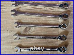 Snap-On, 10 piece, ratcheting spanner set, size 8 19mm, made in the USA used Snap-On, 10 piece, ratcheting spanner set, size 8 19mm, made in the USA used