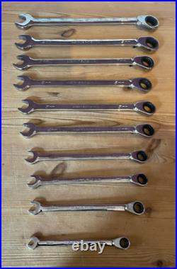 Snap-On, 10 piece, ratcheting spanner set, size 8 19mm, made in the USA used Snap-On, 10 piece, ratcheting spanner set, size 8 19mm, made in the USA used