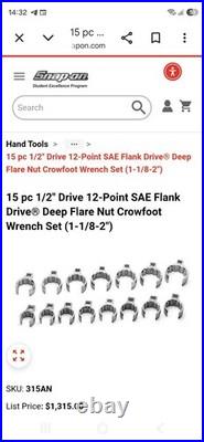 Snap On 1/2 Drive 12-Point SAE Flank Drive Deep Flare Nut Crowfoot Wrench Set