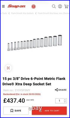 Snap On 3/8 6pt Flank Drive Xtra FDX Extra 15pc Long Deep Socket Set 215YSFSMY