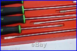 Snap On 8 Piece Extra Long GREEN HI-VIS Handle Soft Grip Screwdriver Set in TRAY