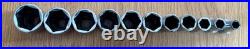 Snap-On Imperial SAE 6 Point 1/2' Drive 11 pc Socket Set 1-1/8 to 3/8