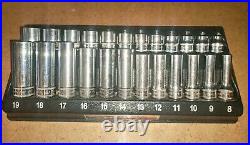 Snap On Tools 3/8 8mm 19mm 24 piece 6 Point Shallow & Deep Chrome Sockets