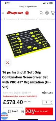 Snap On Tools Used SGDX160BFHV 16pc Hi-Viz Yellow Soft Grip Foam Screwdriver Set Snap On Tools Used SGDX160BFHV 16pc Hi-Viz Yellow Soft Grip Foam Screwdriver Set
