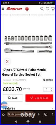Snap-on 1/2 general Service Socket Set 317AMMPC S80A and breaker 12-24mm £813RRP