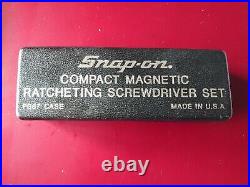 Snap on black stubby ratcheting screwdriver in box with bits