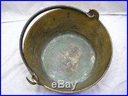 Vintage Colonial Solid Brass Bucket Hand Wrought/Forged Handle Tool Kettle Pot C