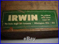 Vintage IRWIN Auger Drill Bit Set Hand Drill Bits Wood Box withUnusual Power Brace