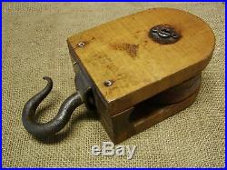 Vintage Wood & Hand Forged Iron Farm Pulley Antique Old