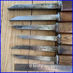 Vintage set of 6 MORTICE MORTISE CHISELS Ward Wood Handle Old Hand Tool #665